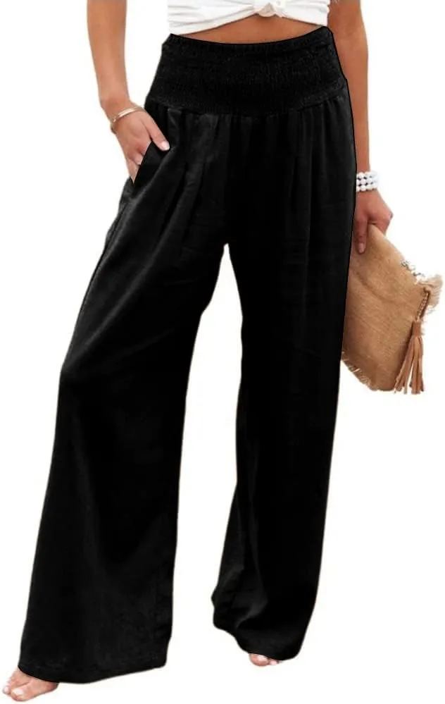 yoeasy Women Summer High Waisted Cotton Linen Palazzo Pants Wide Leg Long Trousers with Pocket