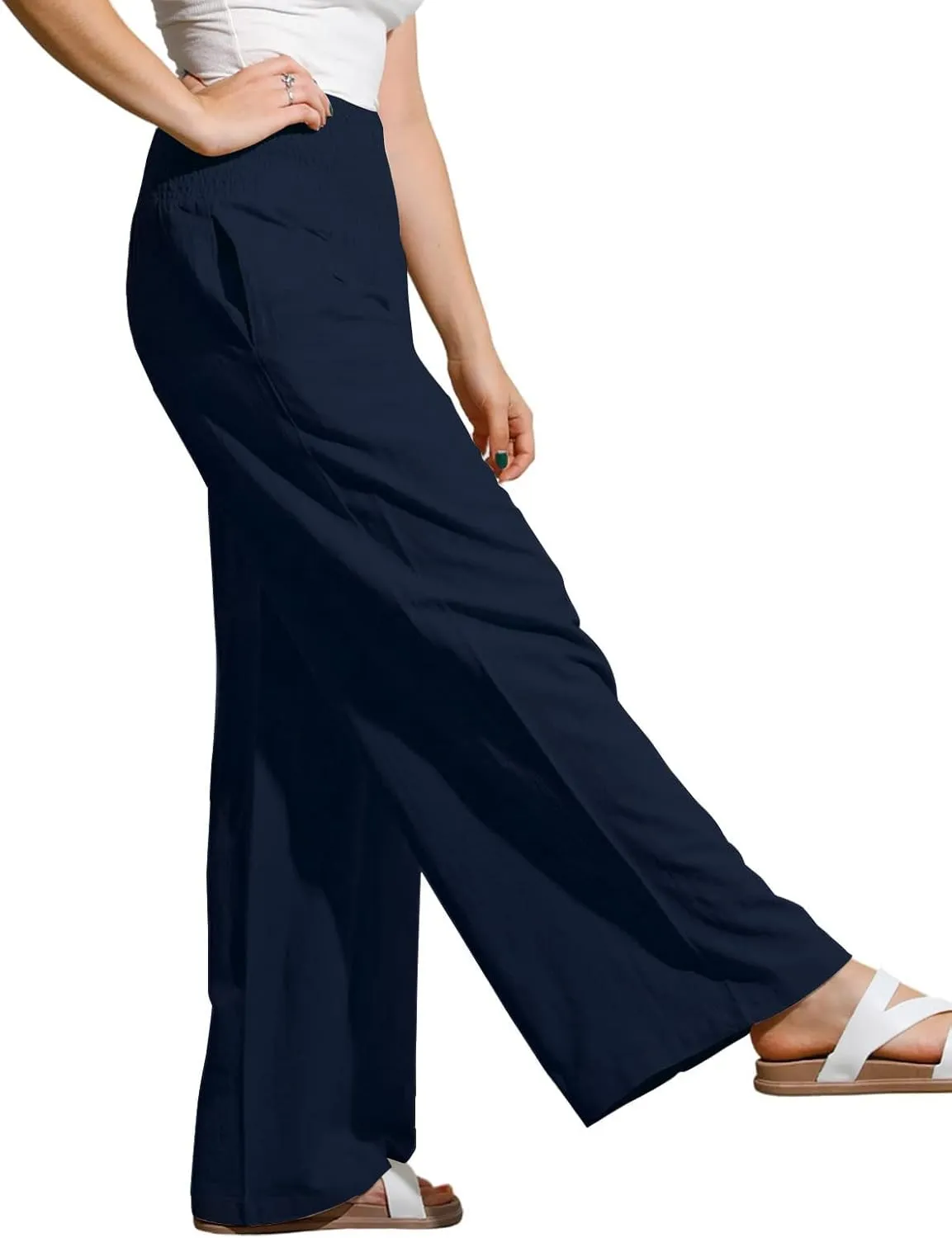 yoeasy Women Summer High Waisted Cotton Linen Palazzo Pants Wide Leg Long Trousers with Pocket