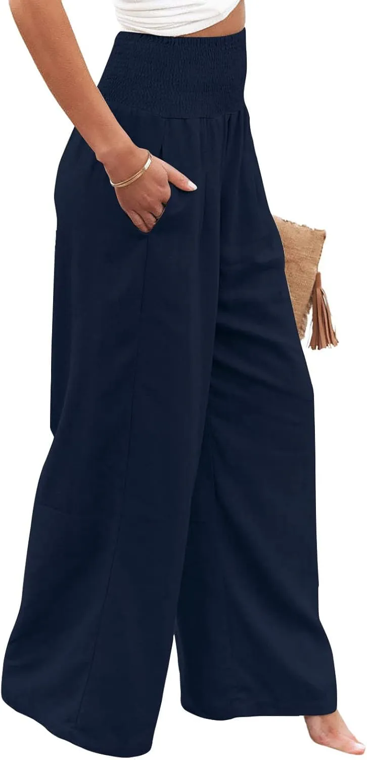 yoeasy Women Summer High Waisted Cotton Linen Palazzo Pants Wide Leg Long Trousers with Pocket