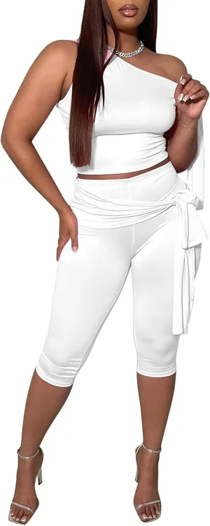 YOOTIKO Womens Summer 2 Piece Outfits Sexy Off Shoulder Top Capri Pants Set Jumpsuit Party Clubwear