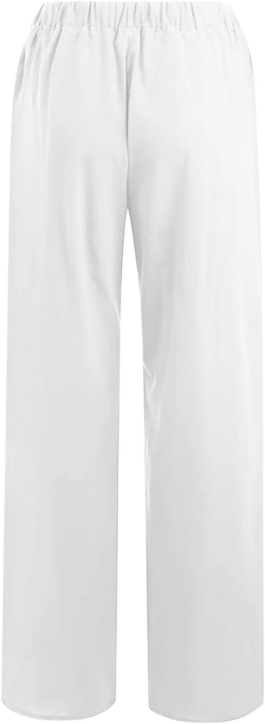 YRAETENM Casual Linen Pants for Women Wide Leg Baggy Flowy Beach Trousers Summer Elastic High Waisted Palazzo Pants