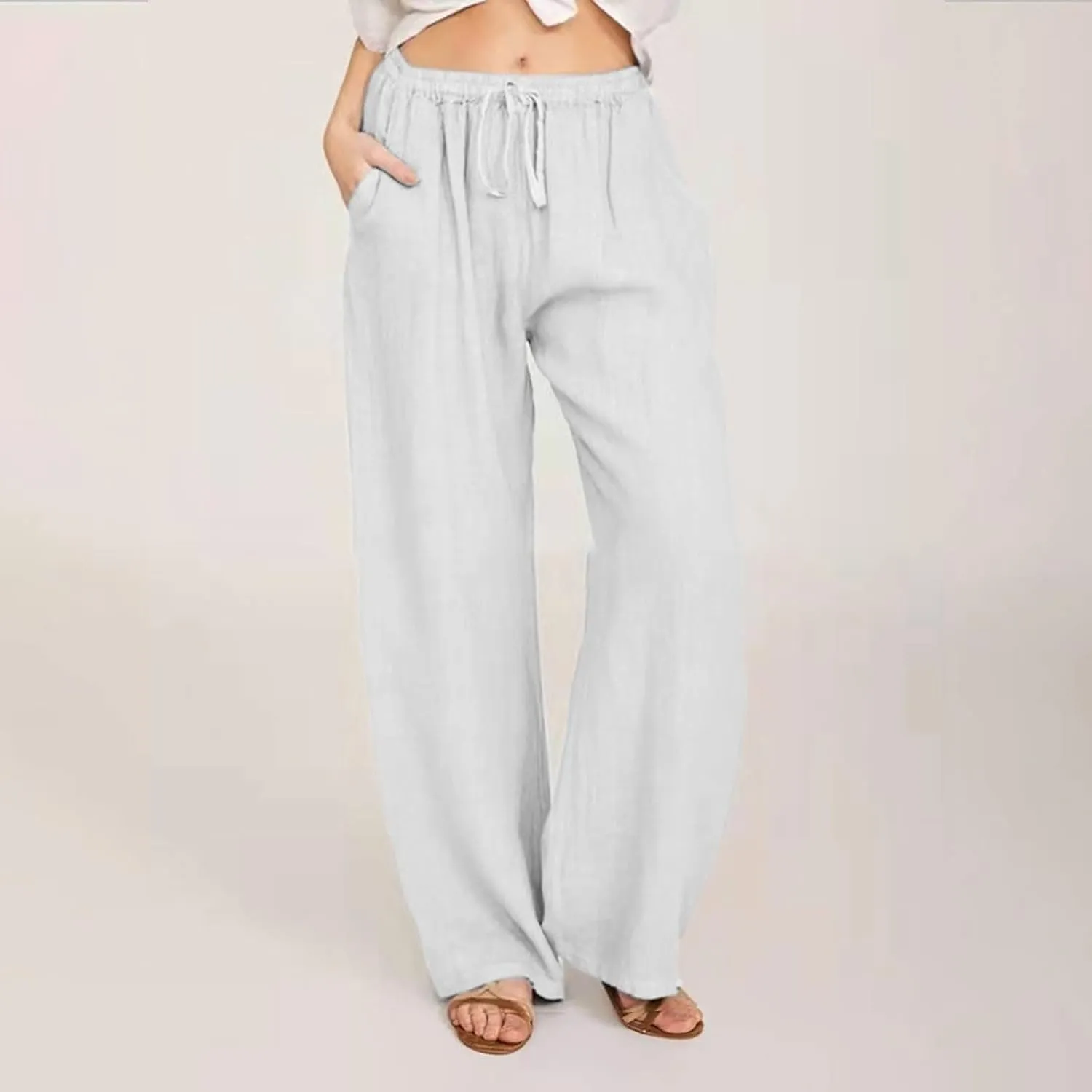 YRAETENM Casual Linen Pants for Women Wide Leg Baggy Flowy Beach Trousers Summer Elastic High Waisted Palazzo Pants