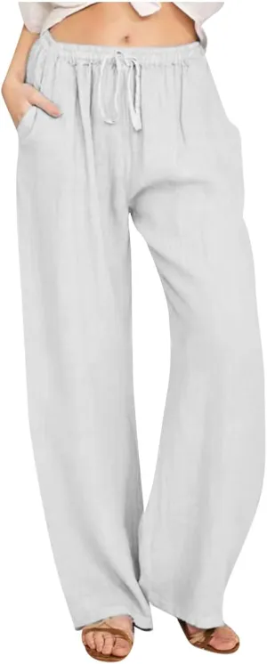 YRAETENM Casual Linen Pants for Women Wide Leg Baggy Flowy Beach Trousers Summer Elastic High Waisted Palazzo Pants
