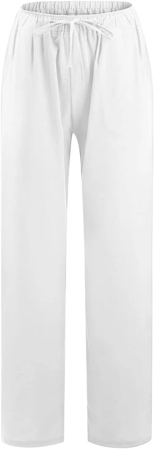 YRAETENM Casual Linen Pants for Women Wide Leg Baggy Flowy Beach Trousers Summer Elastic High Waisted Palazzo Pants