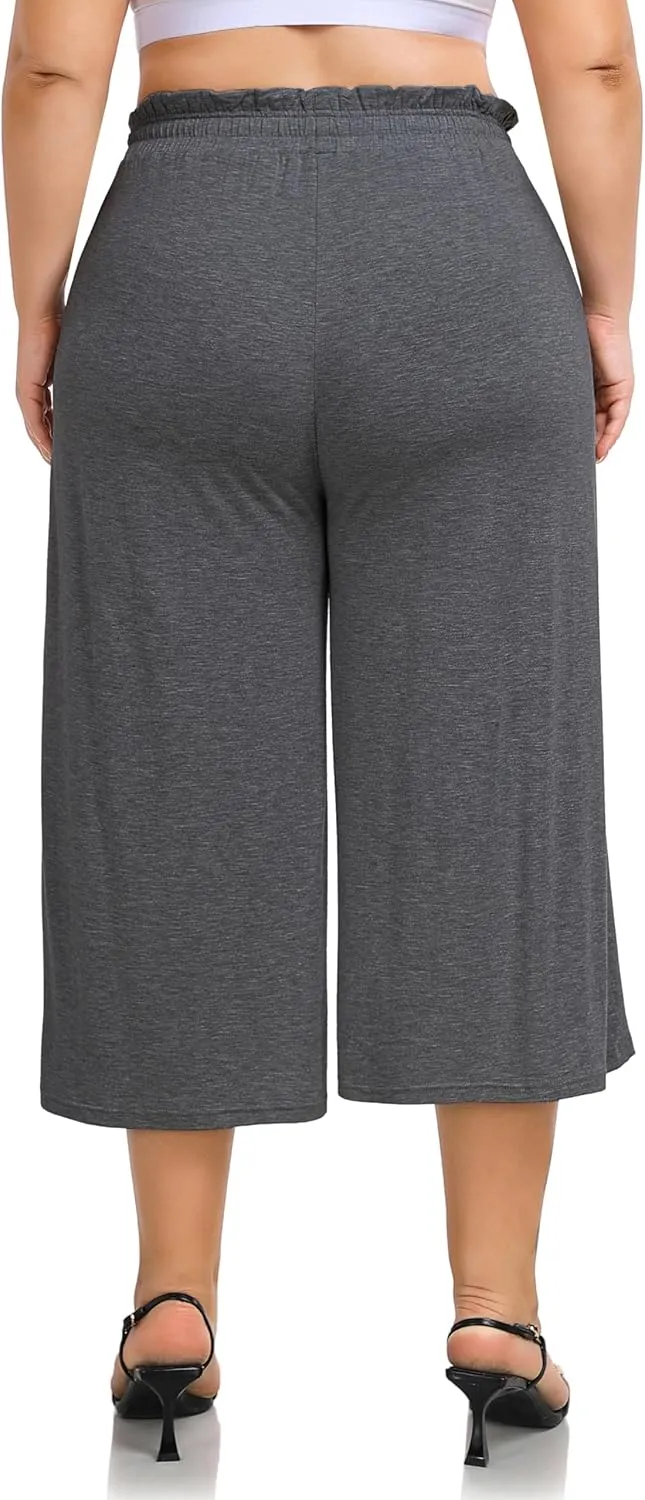 ZERDOCEAN Women's Plus Size Wide Leg Capris High Waisted Casual Lounge Pants with Drawstring Pockets