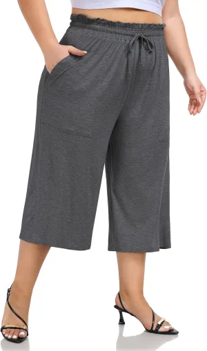 ZERDOCEAN Women's Plus Size Wide Leg Capris High Waisted Casual Lounge Pants with Drawstring Pockets
