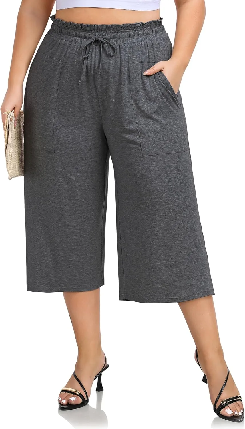 ZERDOCEAN Women's Plus Size Wide Leg Capris High Waisted Casual Lounge Pants with Drawstring Pockets