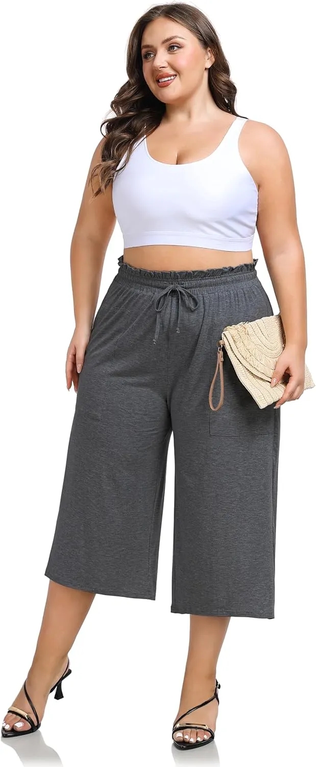 ZERDOCEAN Women's Plus Size Wide Leg Capris High Waisted Casual Lounge Pants with Drawstring Pockets