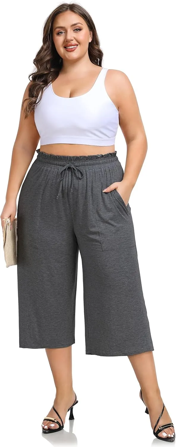 ZERDOCEAN Women's Plus Size Wide Leg Capris High Waisted Casual Lounge Pants with Drawstring Pockets