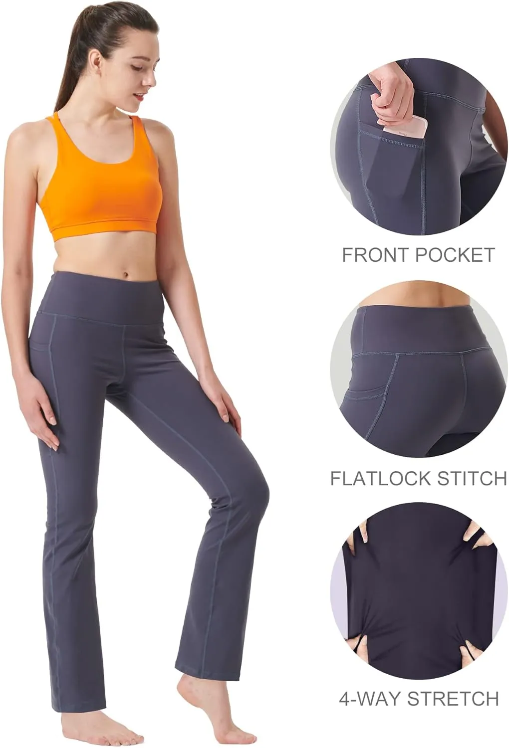 Zeronic Women's High Waist Bootcut Yoga Pants with Pockets Tummy Control Workout Running Pants Long Bootleg Flare Pants