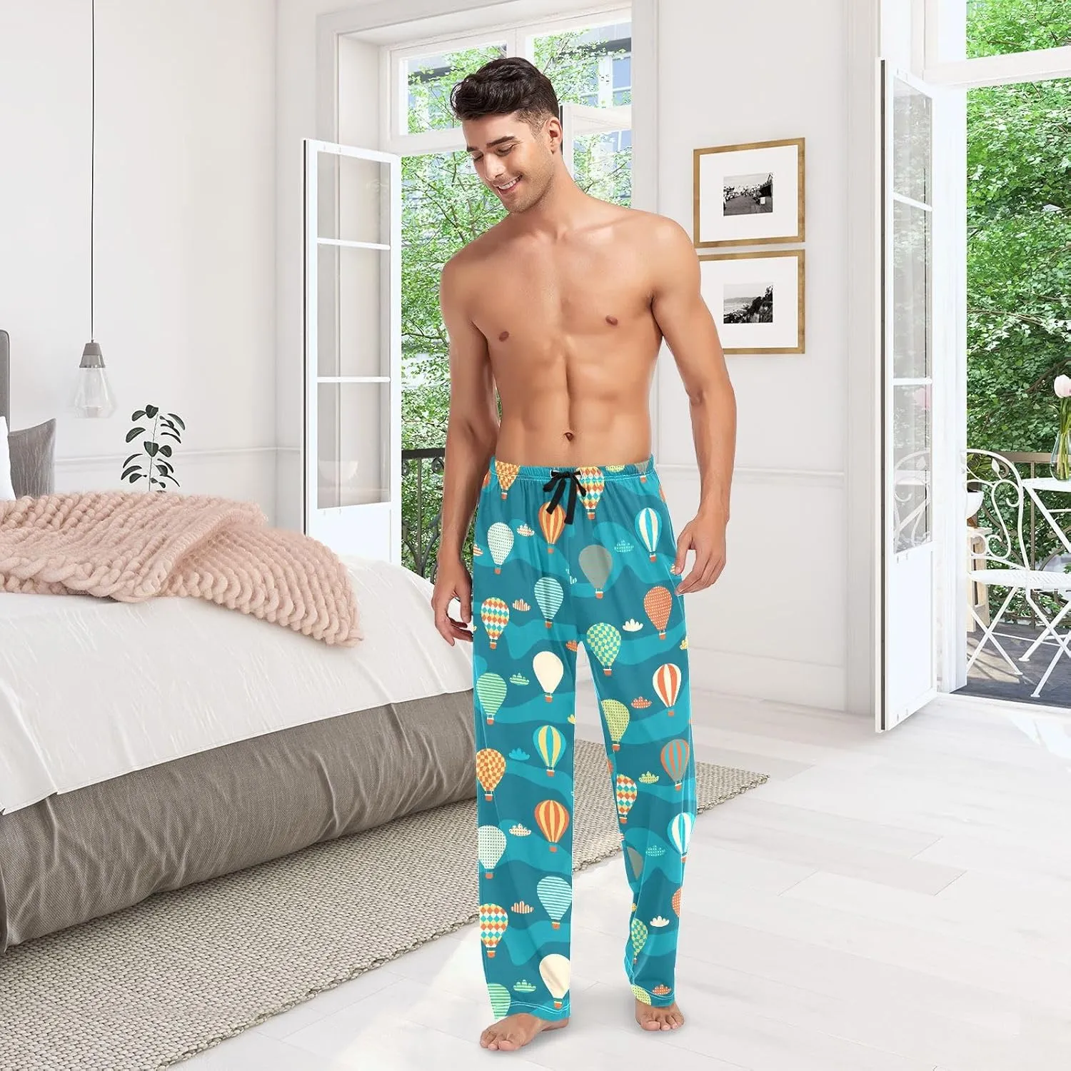 ZZKKO Pajamas Pants for Men Hot Air Balloons Clouds Men's Pajama Bottoms 100% Cotton PJ Pants for Mens S-XXL